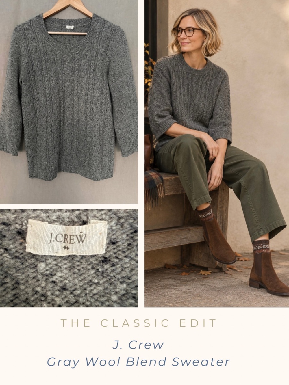 J. Crew Gray Wool-Blend Cable-Knit Sweater 3/4 Sleeves Oversized